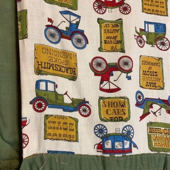 Vintage Handmade Apron Dress Quirky Antique Cars  Signs Print Green Trim Mid-Cal - Picture 2 of 10